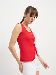 Women Red Square Neck Button Down Top