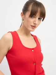 Women Red Square Neck Button Down Top