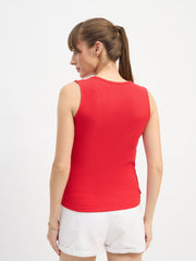 Women Red Square Neck Button Down Top