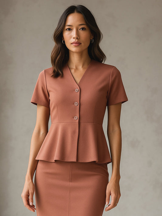 Women Rust V Neck Half Sleeve Peplum Top