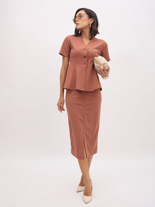 Women Rust V Neck Half Sleeve Peplum Top