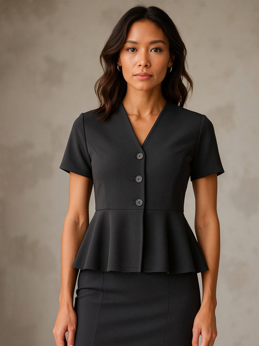 Women Dark Grey V Neck Half Sleeve Peplum Top