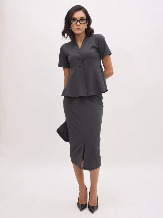 Women Dark Grey V Neck Half Sleeve Peplum Top