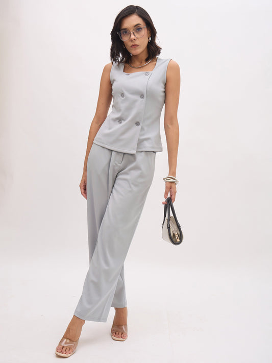 Women Grey Sleeveless Square Neck Button Top