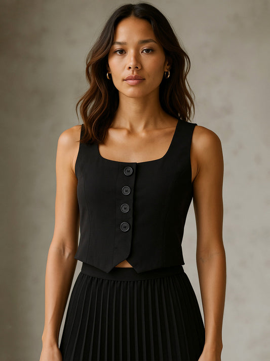 Women Black Sleeveless Front Button Waistcoat