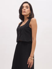 Women Black Sleeveless Front Button Waistcoat