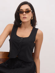Women Black Sleeveless Front Button Waistcoat