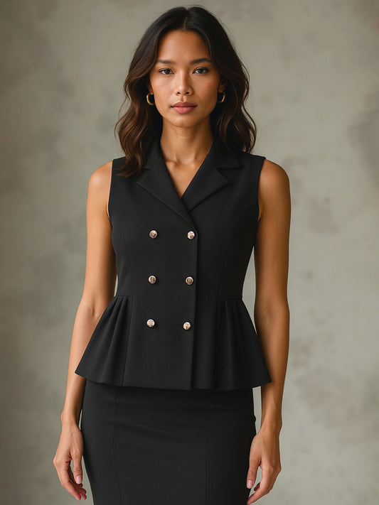 Women Black Sleeveless Notch Collar Button Top