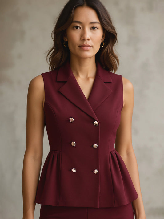 Women Burgundy Sleeveless Notch Collar Button Top