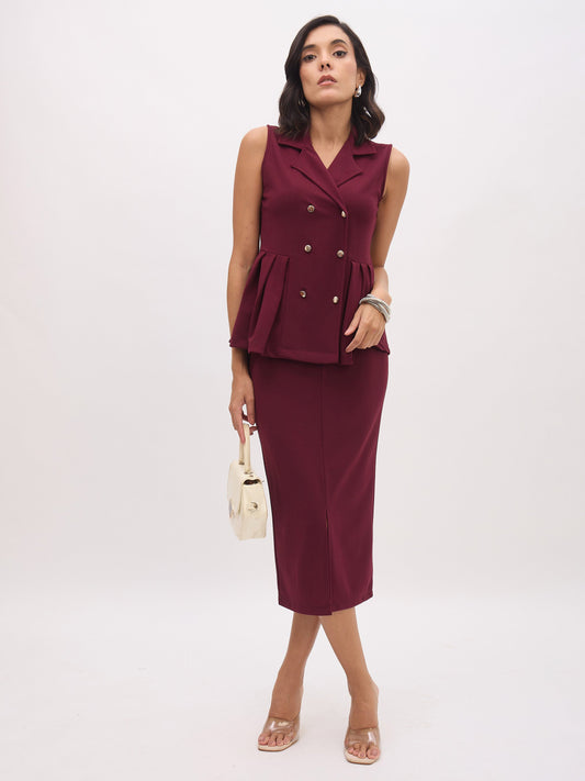 Women Burgundy Sleeveless Notch Collar Button Top