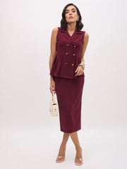 Women Burgundy Sleeveless Notch Collar Button Top
