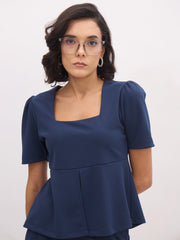 Women Blue Square Neck Front Slit Top