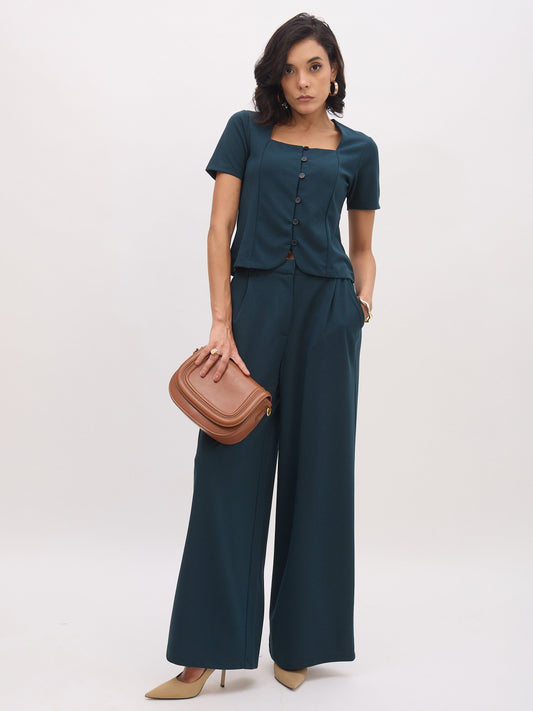 Women Emerald Square Neck Half Sleeves Button Top