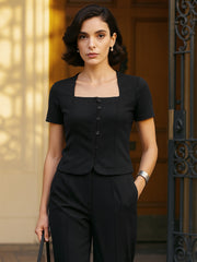 Women Black Square Neck Half Sleeves Button Top
