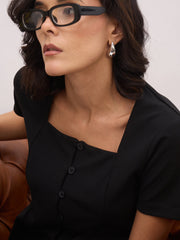 Women Black Square Neck Half Sleeves Button Top