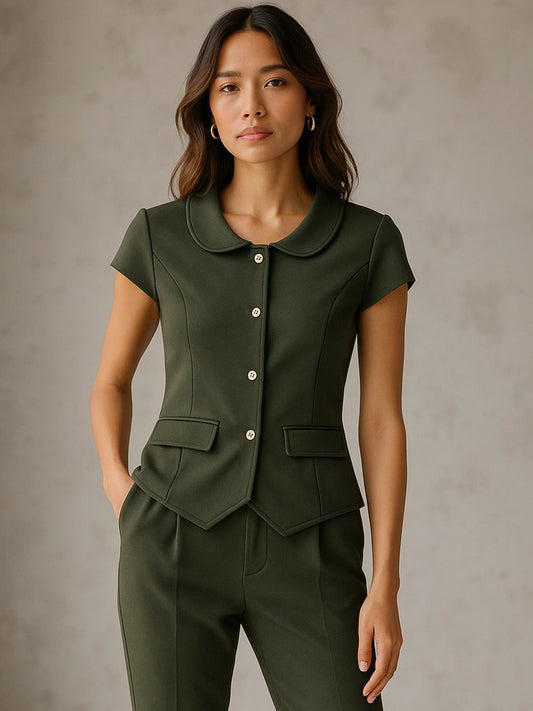 Women Olive PeterPan Collar Cap Sleeve Button Top