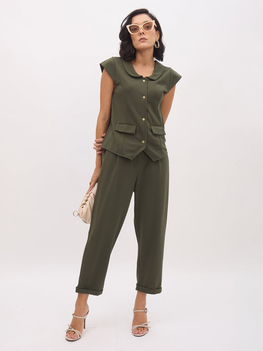 Women Olive PeterPan Collar Cap Sleeve Button Top