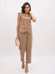 Women Beige PeterPan Collar Cap Sleeve Button Top
