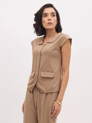 Women Beige PeterPan Collar Cap Sleeve Button Top