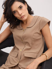Women Beige PeterPan Collar Cap Sleeve Button Top