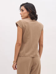 Women Beige PeterPan Collar Cap Sleeve Button Top