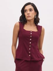 Women Burgundy Rhombus Neck Sleeveless Front Button Top