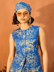 Women Blue Poplin Floral Sleeveless Vest Top