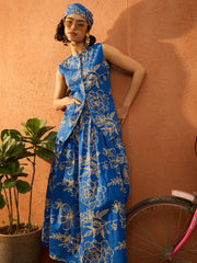 Women Blue Poplin Floral Sleeveless Vest Top