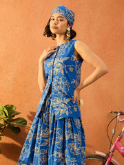 Women Blue Poplin Floral Sleeveless Vest Top