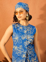 Women Blue Poplin Floral Sleeveless Vest Top