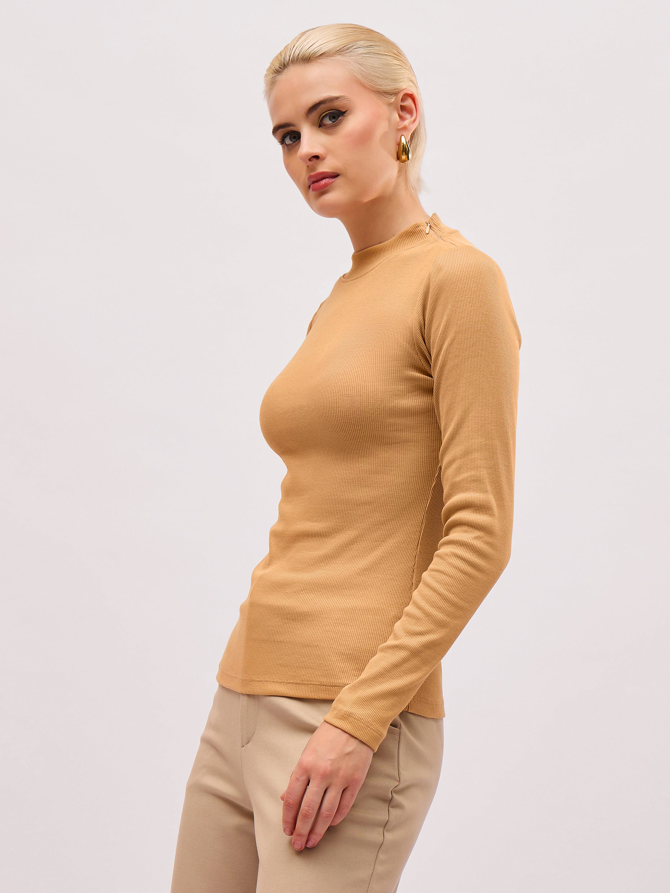 Tan High Neck Rib Top SASSAFRAS
