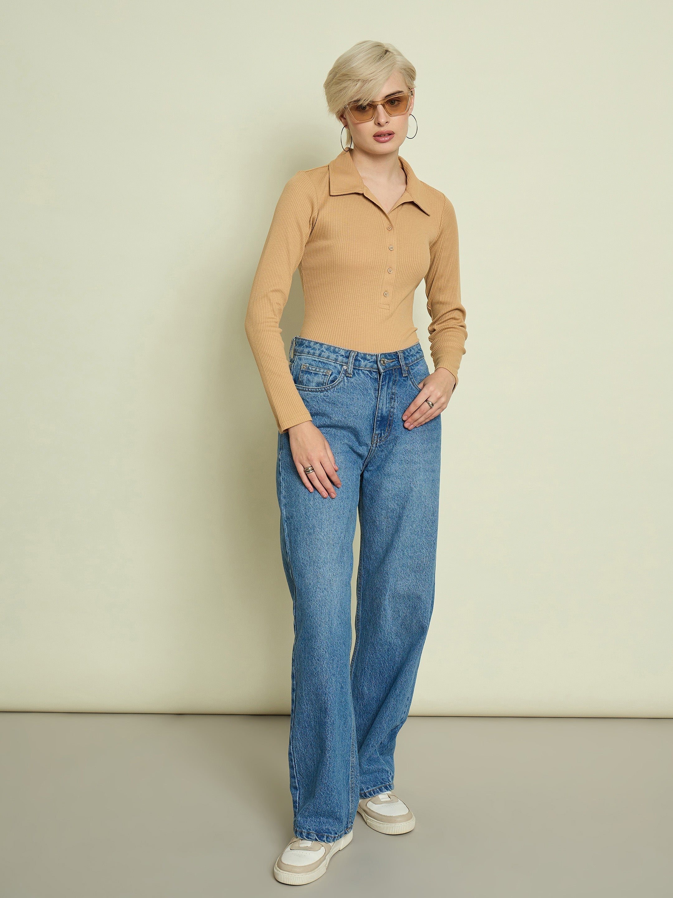 Tan Rib Polo Neck Full Sleeves Top SASSAFRAS