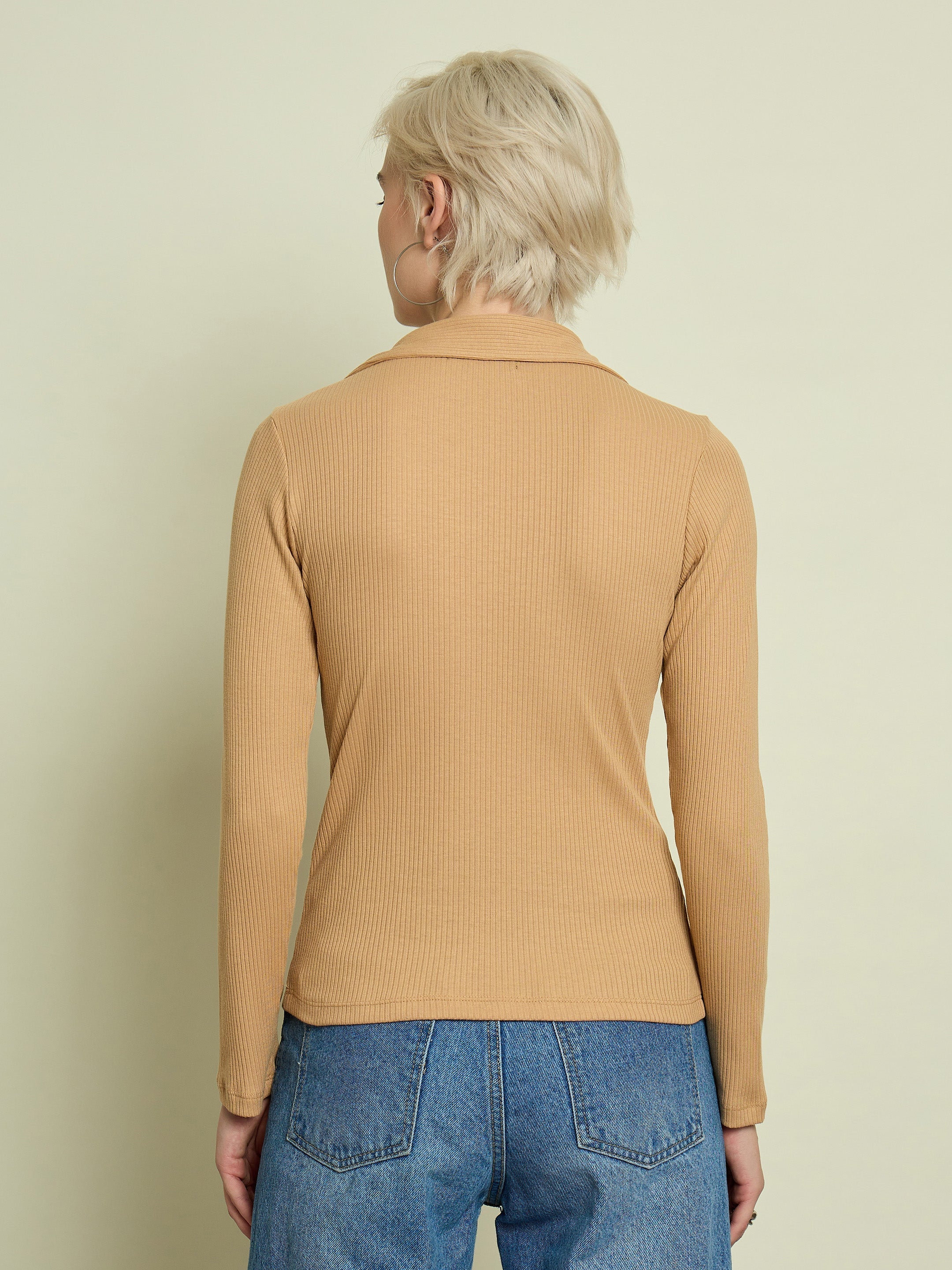 Tan Rib Polo Neck Full Sleeves Top SASSAFRAS