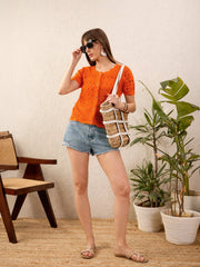 Women Orange Round Neck Crochet Top