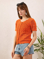 Women Orange Round Neck Crochet Top