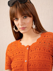 Women Orange Round Neck Crochet Top