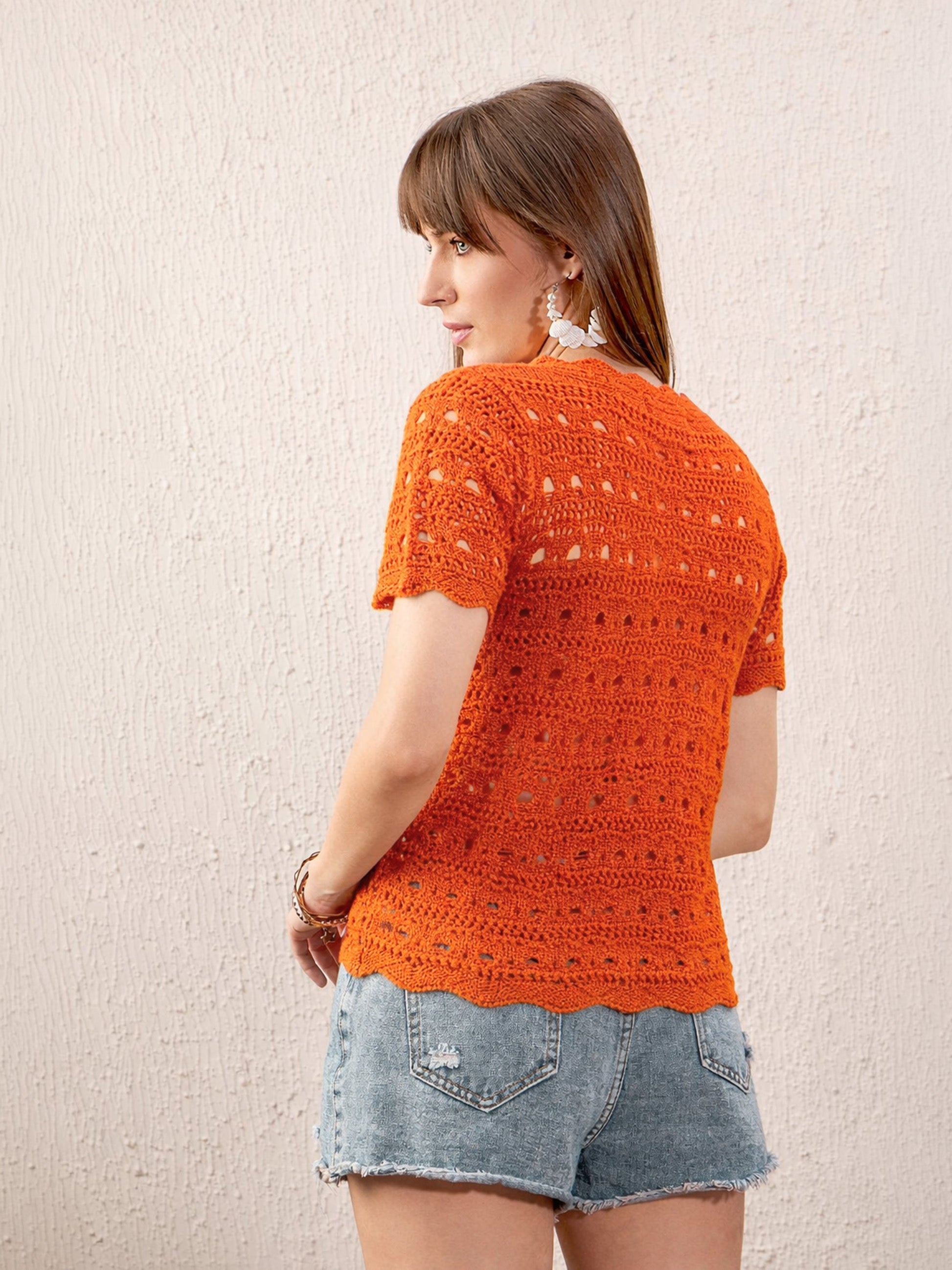 Women Orange Round Neck Crochet Top