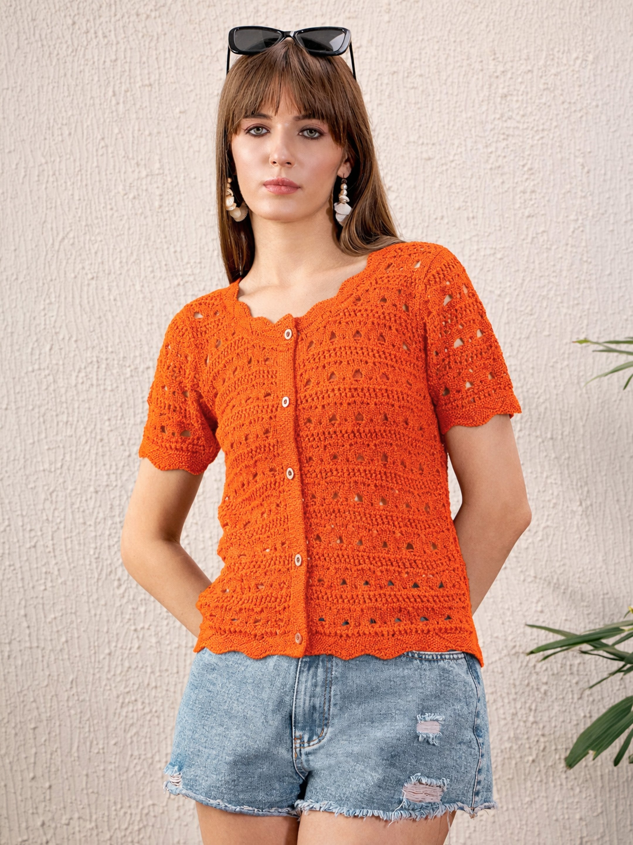 Women Orange Round Neck Crochet Top