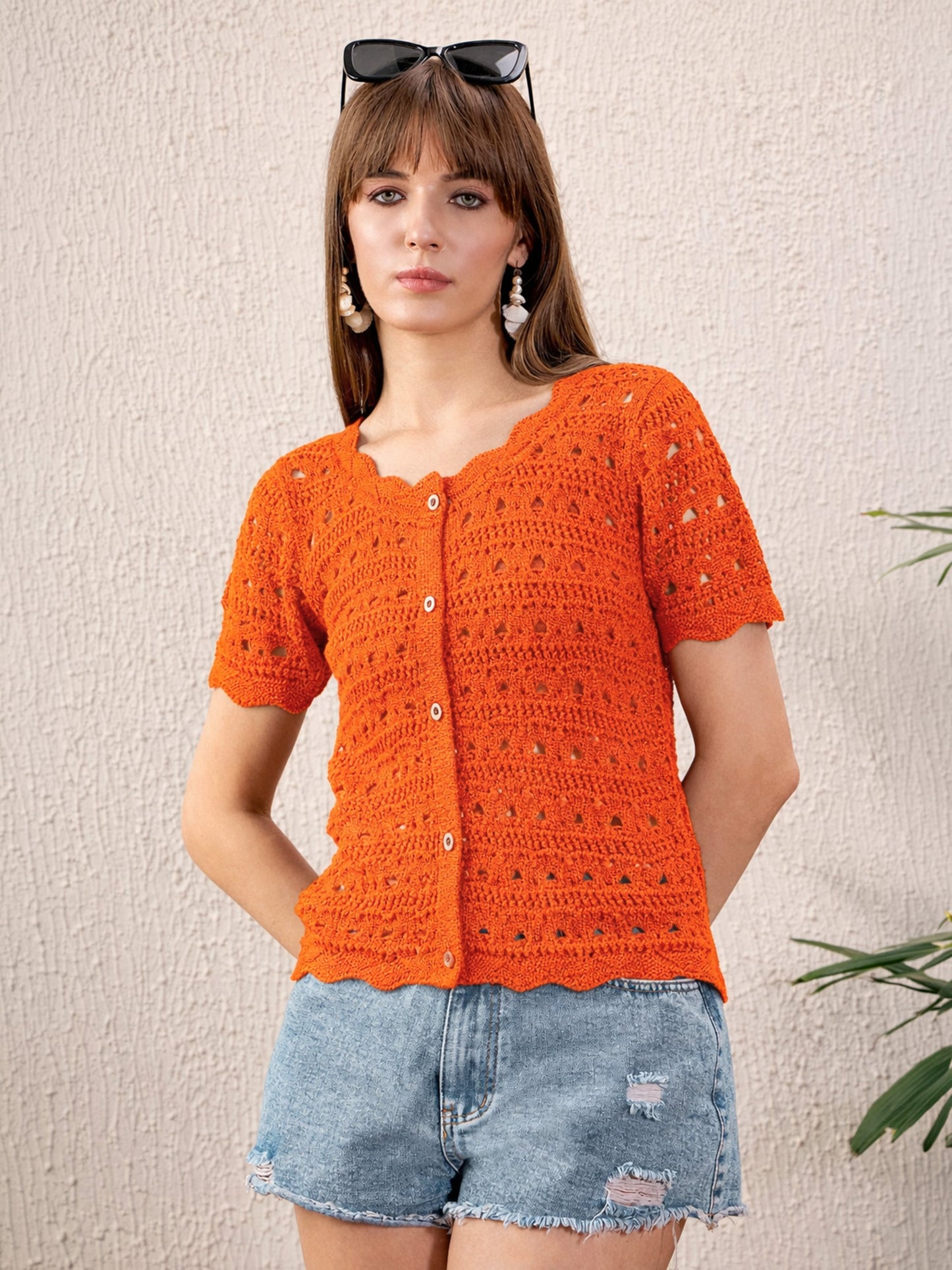 Women Orange Round Neck Crochet Top