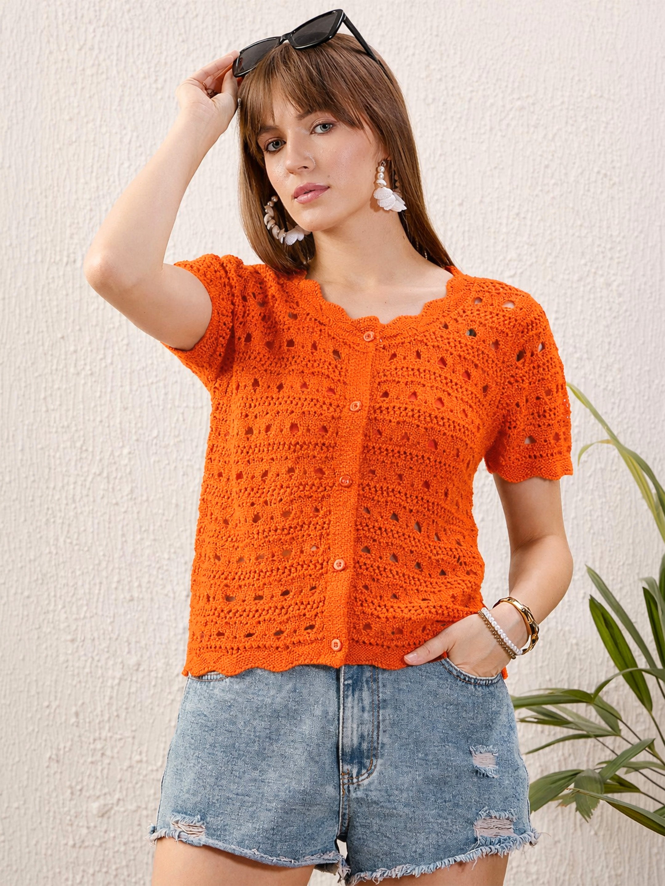 Women Orange Round Neck Crochet Top