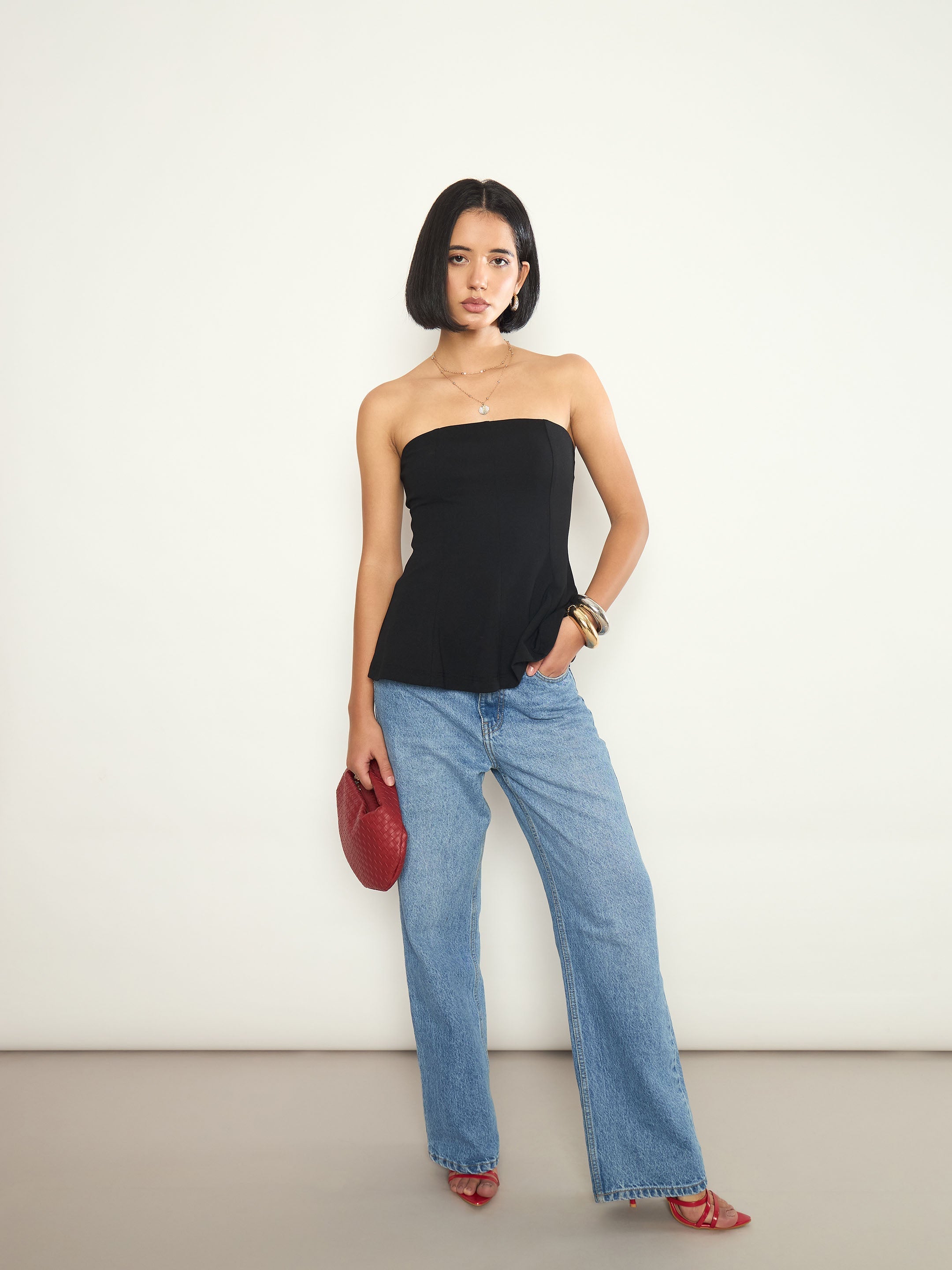 Black Off Shoulder Peplum Top SASSAFRAS