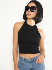 Black Rib Halter Neck Crop Top SASSAFRAS 