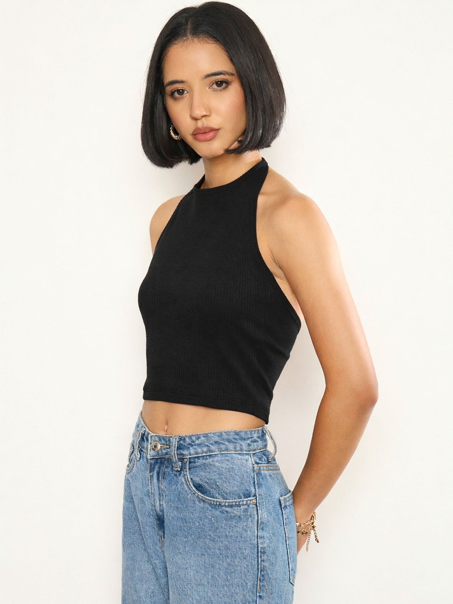 Black Rib Halter Neck Crop Top SASSAFRAS 