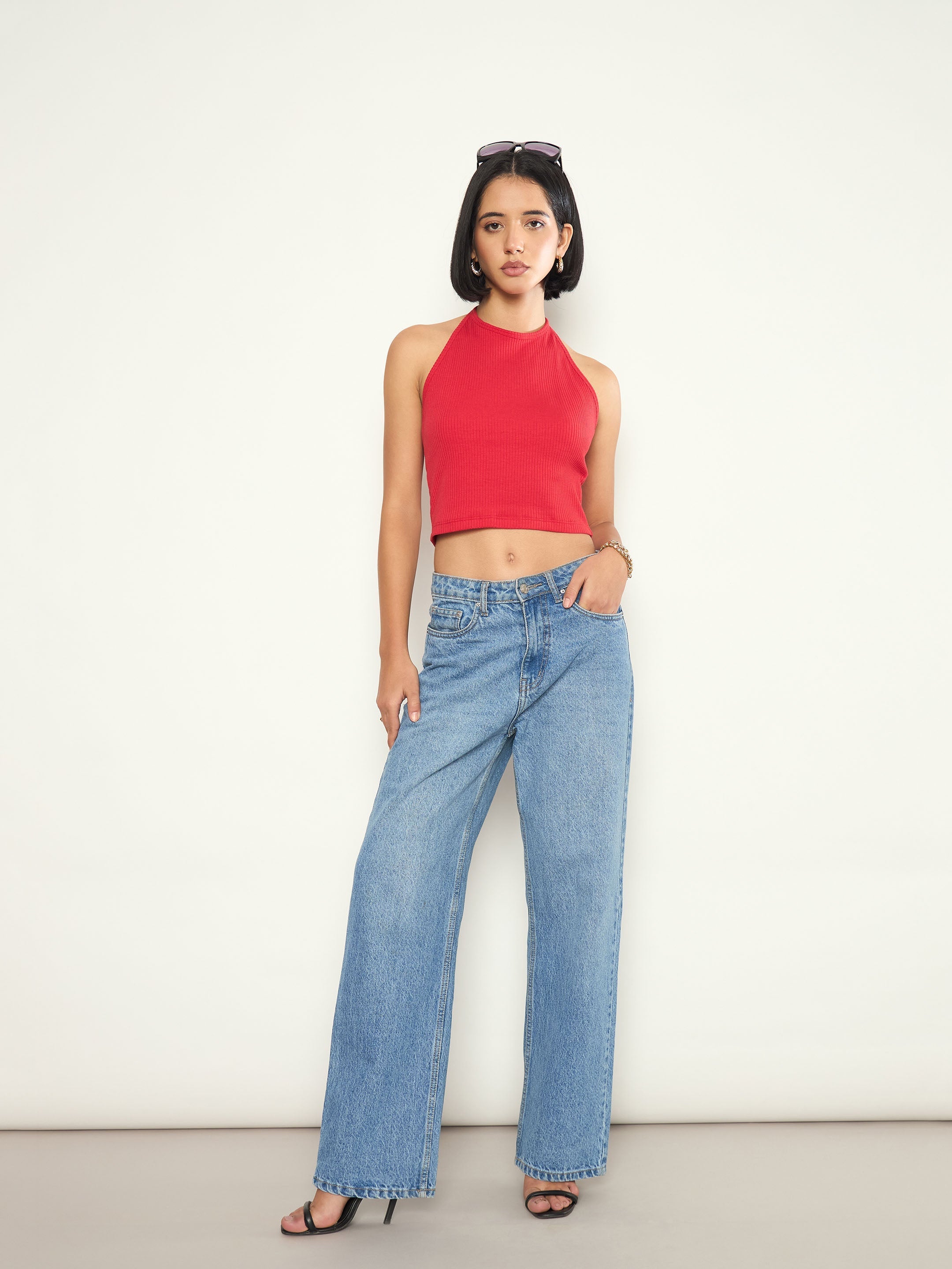 Red Rib Halter Neck Crop Top SASSAFRAS 
