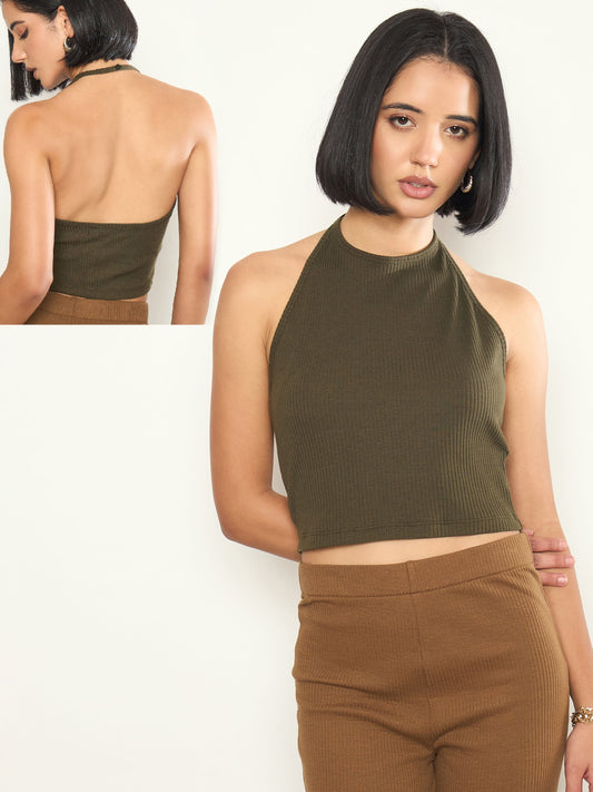 Olive Rib Halter Neck Crop Top SASSAFRAS 