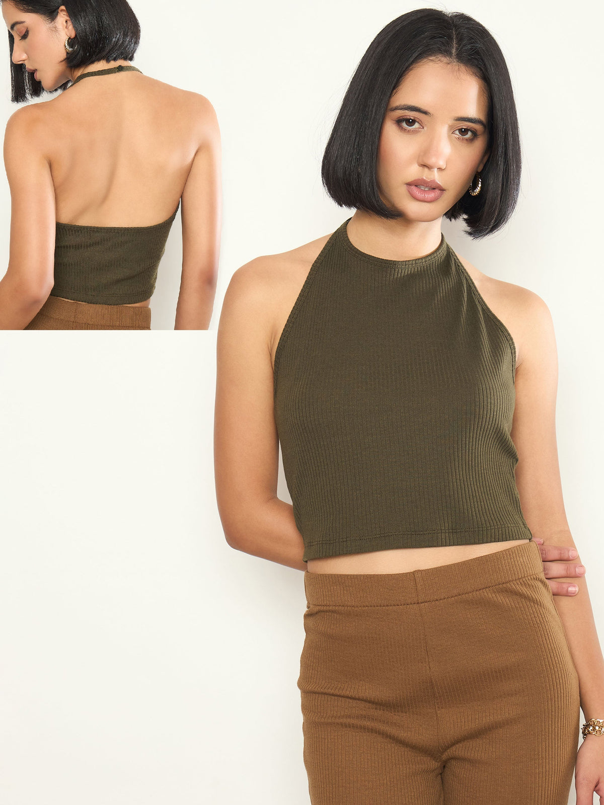 Olive Rib Halter Neck Crop Top SASSAFRAS 
