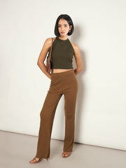 Olive Rib Halter Neck Crop Top SASSAFRAS 