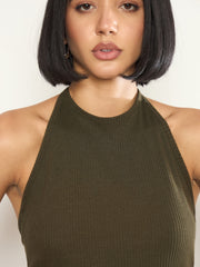 Olive Rib Halter Neck Crop Top SASSAFRAS 