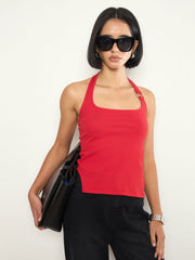 Red Rib Halter Neck With Metal Buckle Top SASSAFRAS 