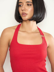 Red Rib Halter Neck With Metal Buckle Top SASSAFRAS 